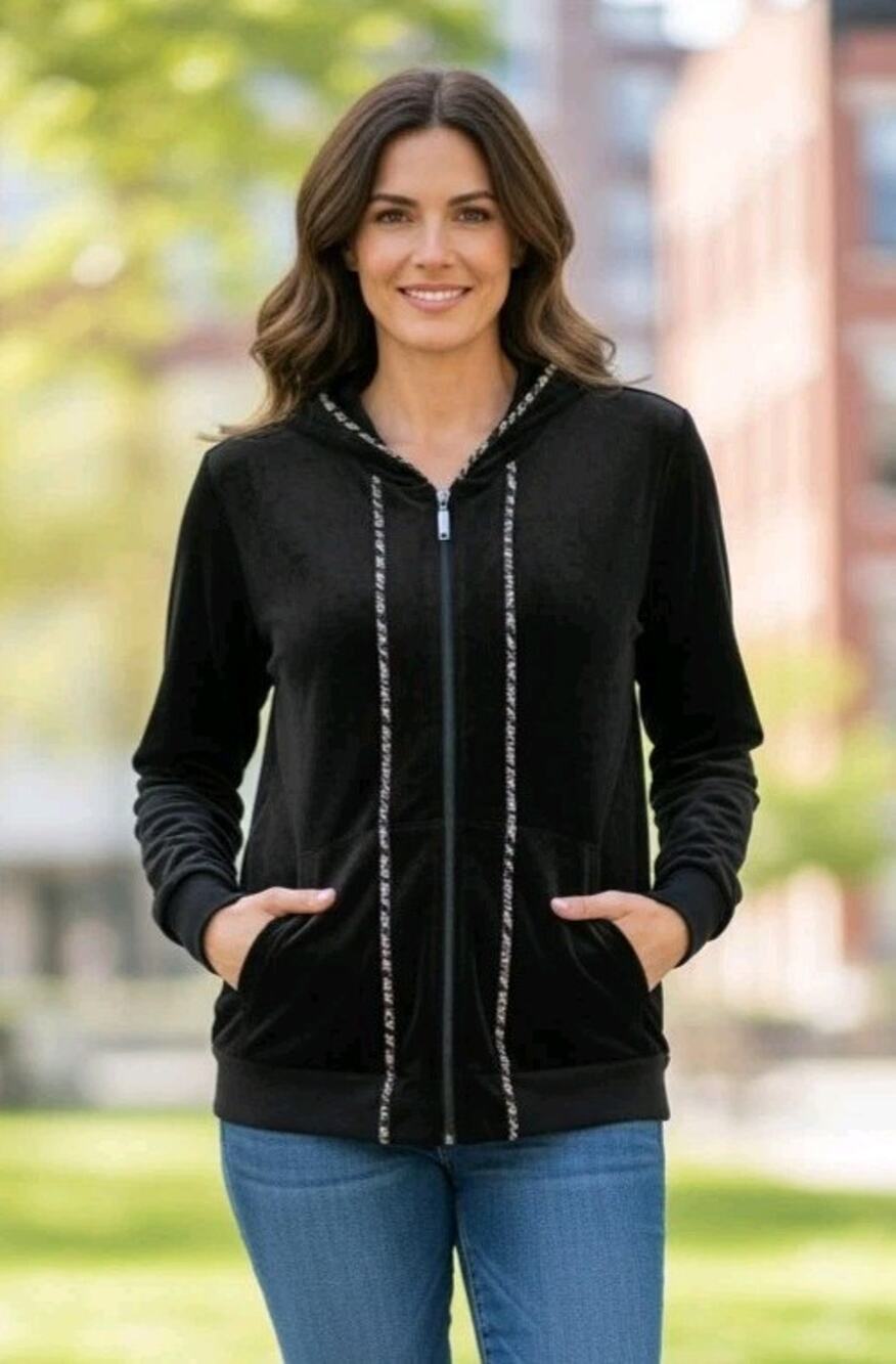 Chico's 3 XL Women's Black Animal Print Soft Stretch Zip Hooded Cardigan Sweater
